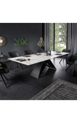 "Slib" jídelní stůl v černém oceli a bílém mramoru z keramického povrchu 180-220-260