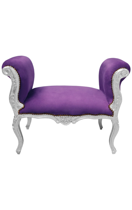 Baroque Louis XV bench purple velvet fabric and silver wood 