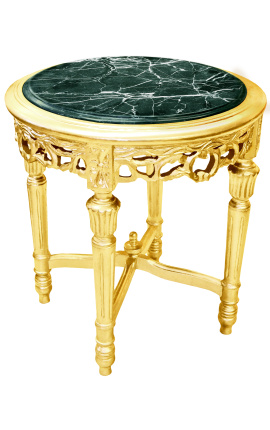 Suporte redondo e dourado no estilo Louis XVI com mármore verde