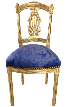 Sedia da arpa con tappezzeria blu di satinato e legno dorato