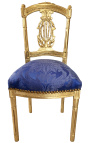 Harp chair with blue Gobelins satin fabric and gold wood