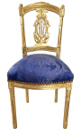Harpstoel met blauwe Gobelins satijnstof en goudkleurig hout