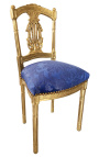 Krzesło Harfa z niebieską satynową tkaniną Gobelins i złotym drewnem