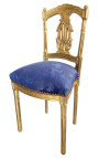 Harp chair with blue Gobelins satin fabric and gold wood