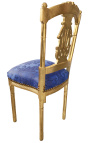 Cadeira harpa com tecido acetinado Gobelins azul e madeira dourada