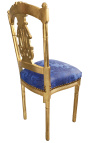 Silla Harp con tela de satén Gobelins azul y madera de oro