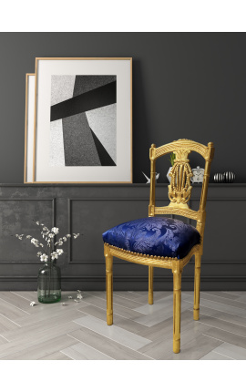 Καρέκλα άρπας με μπλε σατέν ύφασμα Gobelins και χρυσό ξύλο