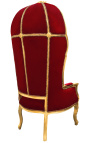 Grand fauteuil carrosse de style baroque tissu velours bordeaux et bois doré