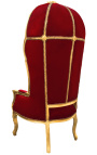 Grand fauteuil carrosse de style baroque tissu velours bordeaux et bois doré