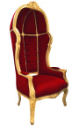 Grand fauteuil carrosse de style baroque tissu velours bordeaux et bois doré