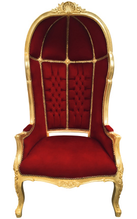 Cadira d'autocar d'estil barroc gran de tela de vellut bordeus i fusta daurada