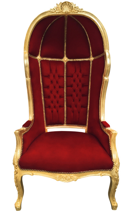 Grand fauteuil carrosse de style baroque tissu velours bordeaux et bois doré