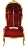 Grand fauteuil carrosse de style baroque tissu velours bordeaux et bois doré