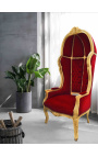 Grand fauteuil carrosse de style baroque tissu velours bordeaux et bois doré