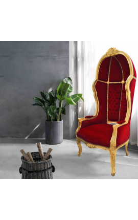 Grand fauteuil carrosse de style baroque tissu velours bordeaux et bois doré