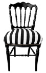 Krzesło w stylu Napoleona III czarno-biała tkanina w paski i błyszczące czarne drewno