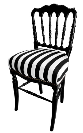 Napoleon III stiliaus kėdė juodai baltai dryžuotas audinys ir blizgus juodas medis