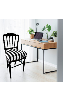 Napoleon III style chair black and white striped fabric and glossy black wood - 2