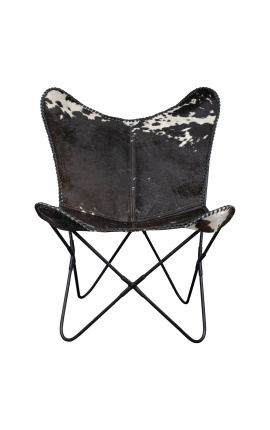 Fauteuil "Papillon" en peau de vache noir et blanc