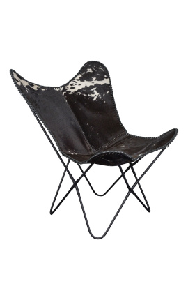 Fauteuil &quot;Papillon&quot; en peau de vache noir et blanc