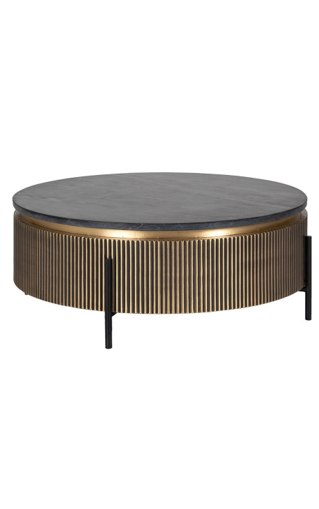 HERMIA round coffee table with black marble top, golden brass
