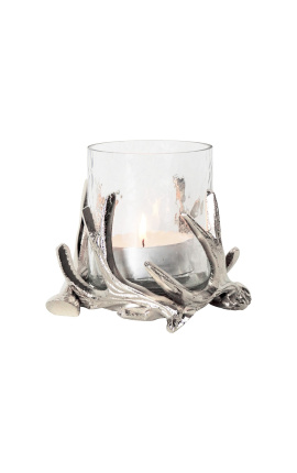 Portacandele in alluminio argentato con decoro in corno di cervo 14 cm
