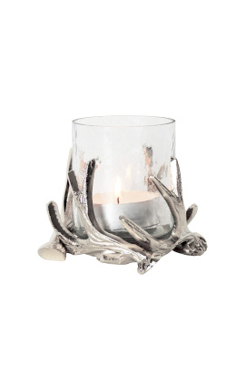 Sidabrinis aliuminio žvakės laikiklis su elnių ragų dekoracija 14 cm