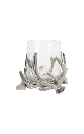 Porta tealight in alluminio argentato con decoro corna di cervo 14 cm