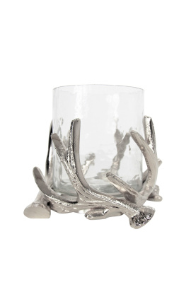 Porta tealight in alluminio argentato con decoro corna di cervo 17 cm