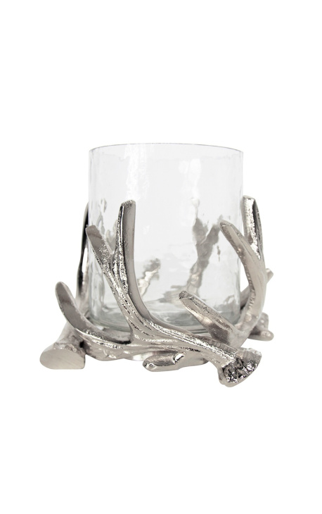 Silver aluminum candleholder with deer antler decor 17 cm