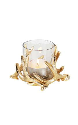 Suporte para velas em alumínio dourado com decoração de chifre de veado 14 cm