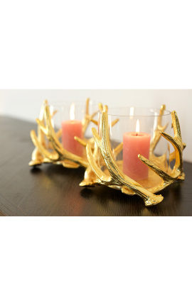 Auksinis aliuminio žvakės laikiklis su elnių ragų dekoracija 17 cm