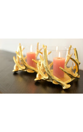 Golden aluminum candleholder with deer antler decor 17 cm