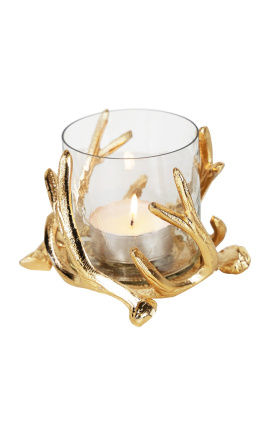 Golden aluminum candleholder with deer antler decor 17 cm