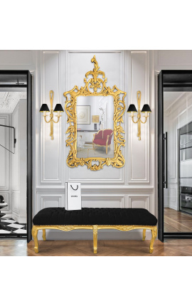Płaska ławka w stylu Ludwika XV z czarnego aksamitu i złotego drewna 