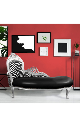 Large baroque chaise longue zebra and black leatherette with silver wood