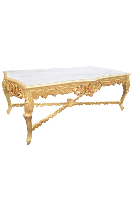 Très grande table de repas baroque en bois doré à la feuille et marbre blanc