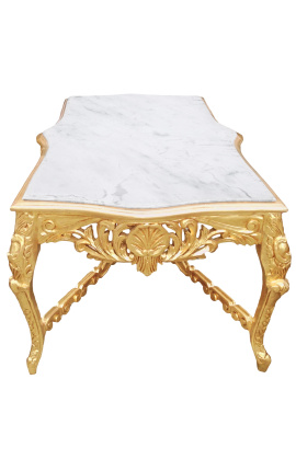 Très grande table de repas baroque en bois doré à la feuille et marbre blanc