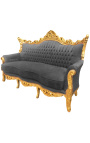 Sofá barroco rococó de 3 lugares veludo cinza e madeira dourada