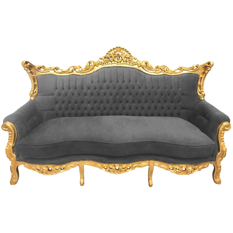 foto Uitdrukkelijk Bevestiging Barok Rococo 3 zits grijs fluweel en goud hout