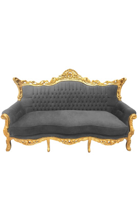 Sofá barroco rococó de 3 lugares veludo cinza e madeira dourada