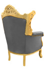 Gran Roccoco Poltrona barocca velluto grigio e legno dorato - 8