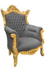Gran Roccoco Poltrona barocca velluto grigio e legno dorato - 7