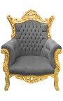 Grand Rococo Baroque armchair gray velvet and gilded wood