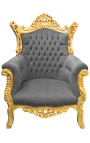 Gran Roccoco Poltrona barocca velluto grigio e legno dorato - 1