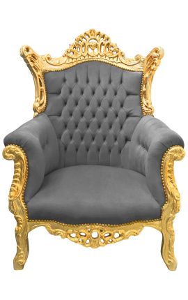 Didysis rokoko baroko stiliaus fotelis pilkas aksomas ir paauksuota mediena