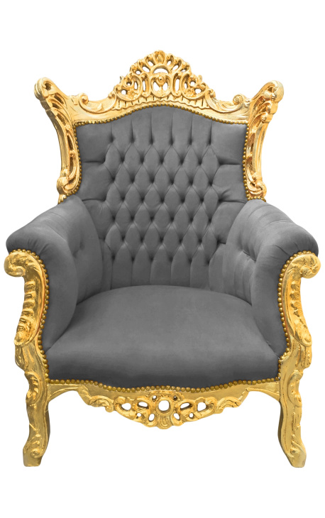 Gran Roccoco Poltrona barocca velluto grigio e legno dorato - 1