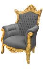Grand rokoko baročni fotelj siv žamet in pozlačen les