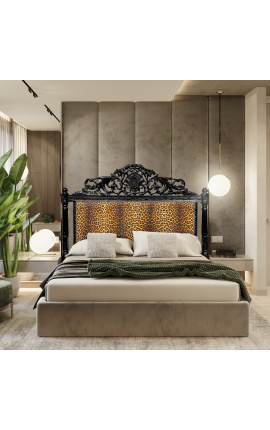 Barokk ágy fejtámla leopárd mintás anyaggal és fekete fával