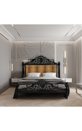 Barokk ágy fehér virágmintás anyaggal és fényes fekete fával